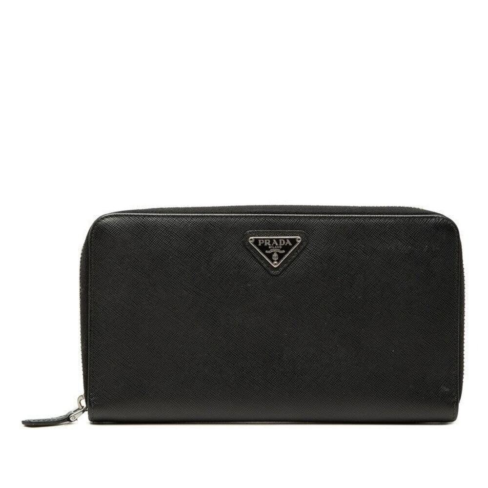 Prada Triangle Logo Plate Saffiano Travel Case Organizer Long Wallet Black